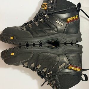 Caterpillar Black Leather Lace-Up Waterproof Work Boots with Yellow Accents